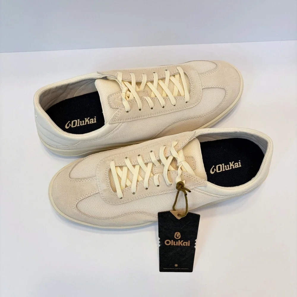 OluKai Punini Mens 11.5 White Sand Mesh Suede Sneakers NEW Drop In Heel Casual